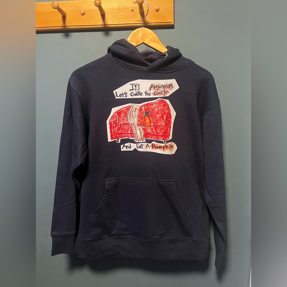 ‘Couch Cuddle’ Navy Hoodie by Marcus Pork | Unisex Small
